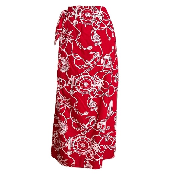 TALBOTS Vintage Red Cotton Nautical MIDI Wrap Skirt Americana Graphic Size 12 - Picture 6 of 14